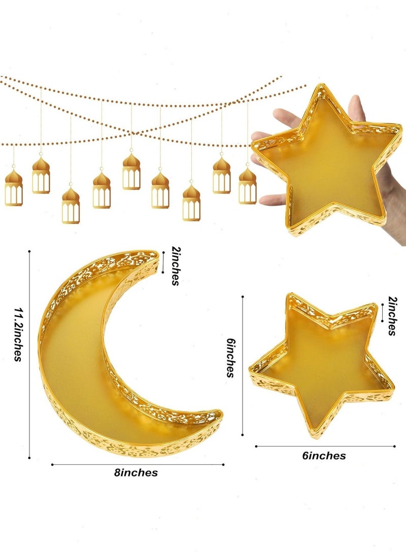 2Pcs Gold Ramadan Eid Mubarak Trays - Moon & Star Metal Serving Platters for Dessert Food Display, Muslim Party Table Decor - Image 2
